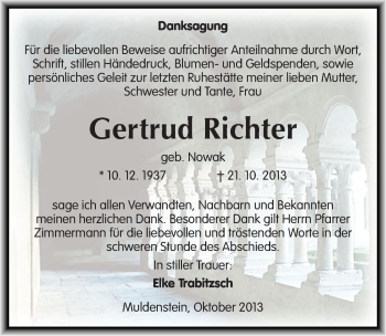 Traueranzeige von Gertrud Richter von Mitteldeutsche Zeitung Bitterfeld