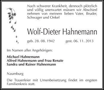 Traueranzeige von Wolf-Dieter Hahnemann von Mitteldeutsche Zeitung Naumburg/Nebra