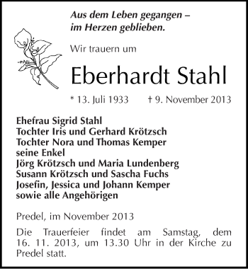 Traueranzeige von Eberhardt Stahl von Mitteldeutsche Zeitung Zeitz