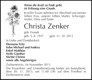 Traueranzeige von Christa Zenker von Mitteldeutsche Zeitung Wittenberg