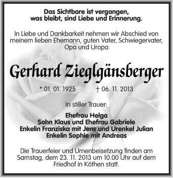 Traueranzeige von Gerhard Zieglgänsberger von Mitteldeutsche Zeitung Köthen