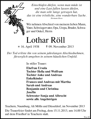 Traueranzeige von Lothar Röll von Mitteldeutsche Zeitung Weißenfels