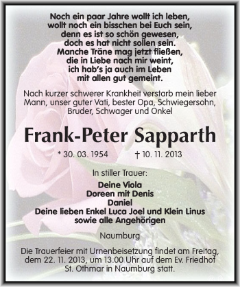 Traueranzeige von Frank-Peter Sapparth von Mitteldeutsche Zeitung Naumburg/Nebra