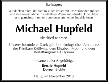 Traueranzeige von Michael Hupfeld von Mitteldeutsche Zeitung Halle/Saalkreis