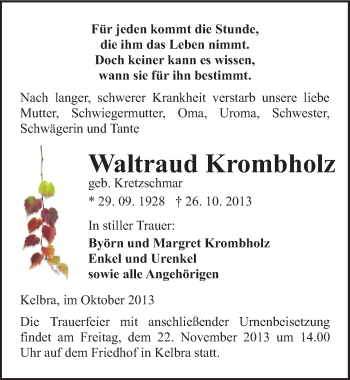 Traueranzeige von Waltraud Krombholz von Mitteldeutsche Zeitung Sangerhausen
