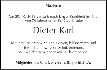 Traueranzeige von Dieter Karl von Mitteldeutsche Zeitung Weißenfels