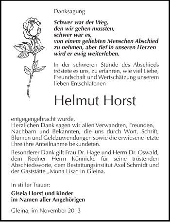 Traueranzeige von Helmut Horst von Mitteldeutsche Zeitung Naumburg/Nebra