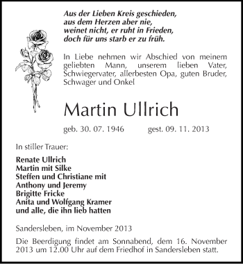 Traueranzeige von Martin Ullrich von Mitteldeutsche Zeitung Mansfelder Land