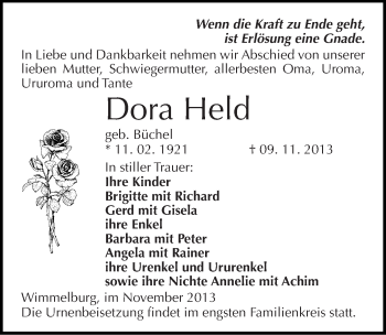 Traueranzeige von Dora Held von Mitteldeutsche Zeitung Mansfelder Land