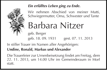 Traueranzeige von Barbara Nitzer von Mitteldeutsche Zeitung Halle/Saalkreis