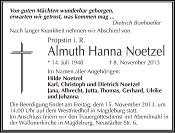 Traueranzeige von Almuth Hanna Noetzel von Mitteldeutsche Zeitung Weißenfels