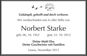 Traueranzeige von Norbert Starke von Mitteldeutsche Zeitung Merseburg/Querfurt