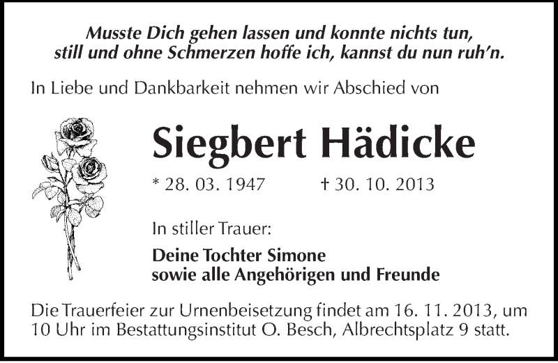  Traueranzeige für Siegbert Hädicke vom 13.11.2013 aus Mitteldeutsche Zeitung Dessau-Roßlau