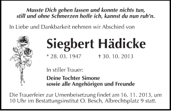 Traueranzeige von Siegbert Hädicke von Mitteldeutsche Zeitung Dessau-Roßlau