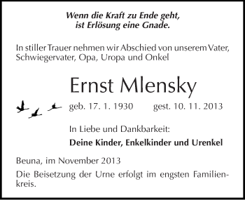 Traueranzeige von Ernst Mlensky von Mitteldeutsche Zeitung Merseburg/Querfurt