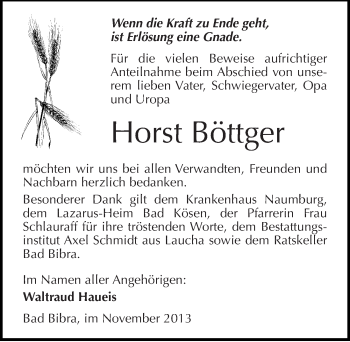 Traueranzeige von Horst Böttger von Mitteldeutsche Zeitung Naumburg/Nebra