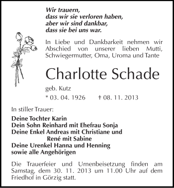 Traueranzeige von Charlotte Schade von Mitteldeutsche Zeitung Köthen