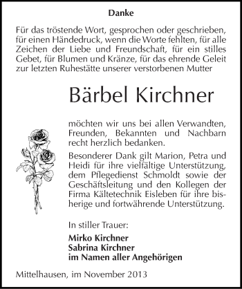 Traueranzeige von Bärbel Kirchner von Mitteldeutsche Zeitung Sangerhausen