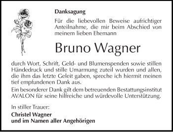 Traueranzeige von Bruno Wagner von Mitteldeutsche Zeitung Halle/Saalkreis