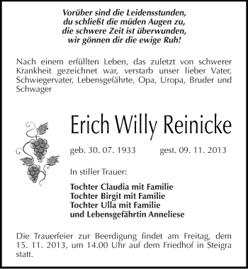 Traueranzeige von Erich Willy Reinicke von Mitteldeutsche Zeitung