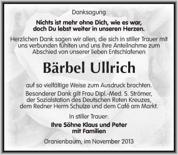 Traueranzeige von Bärbel Ullrich von Mitteldeutsche Zeitung Wittenberg