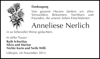Traueranzeige von Anneliese Nerlich von Mitteldeutsche Zeitung Halle/Saalkreis