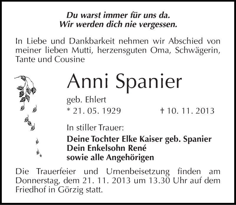  Traueranzeige für Anni Spanier vom 13.11.2013 aus Mitteldeutsche Zeitung Köthen