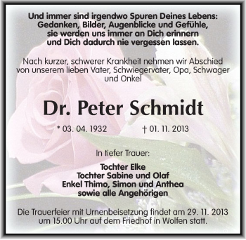 Traueranzeige von Peter Schmidt von Mitteldeutsche Zeitung Bitterfeld