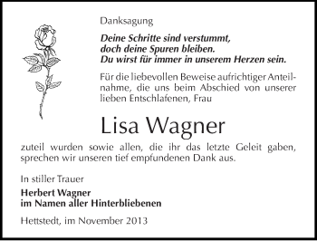 Traueranzeige von Lisa Wagner von Mitteldeutsche Zeitung Mansfelder Land