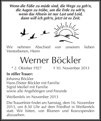 Traueranzeige von Werner Böckler von Mitteldeutsche Zeitung Weißenfels