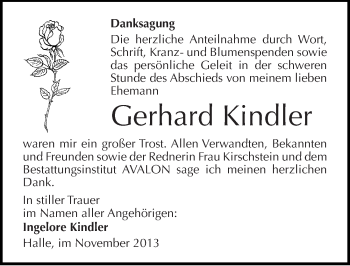 Traueranzeige von Gerhard Kindler von Mitteldeutsche Zeitung Halle/Saalkreis