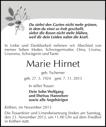 Traueranzeige von Marie Hirnet von Mitteldeutsche Zeitung Köthen