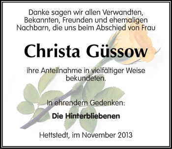 Traueranzeige von Christa Güssow von Mitteldeutsche Zeitung Mansfelder Land