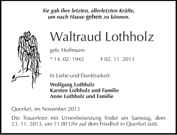 Traueranzeige von Waltraud Lothholz von Mitteldeutsche Zeitung Merseburg/Querfurt