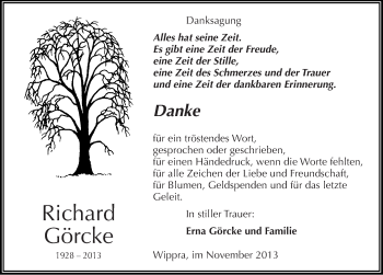 Traueranzeige von Richard Görcke von Mitteldeutsche Zeitung Mansfelder Land