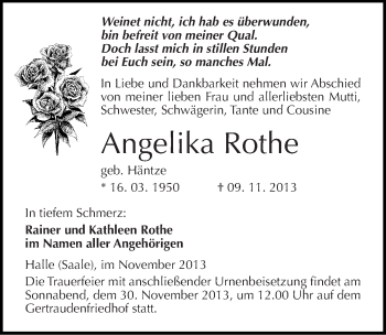 Traueranzeige von Angelika Rothe von Mitteldeutsche Zeitung Halle/Saalkreis