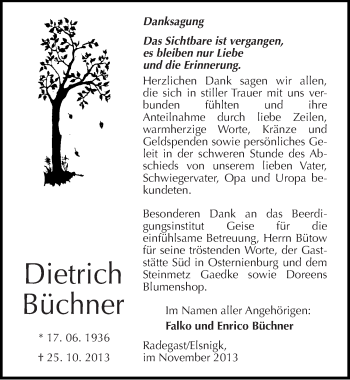 Traueranzeige von Dietrich Büchner von Mitteldeutsche Zeitung Köthen