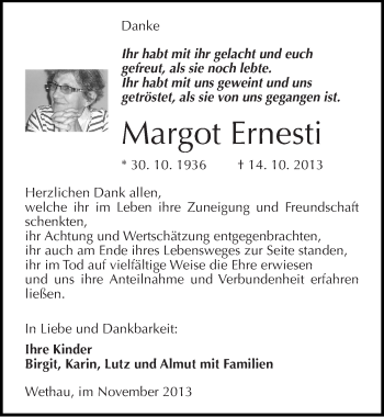 Traueranzeige von Margot Ernesti von Mitteldeutsche Zeitung Naumburg/Nebra