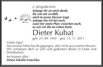 Traueranzeige von Dieter Kubat von Mitteldeutsche Zeitung Köthen