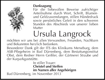 Traueranzeige von Ursula Langrock von Mitteldeutsche Zeitung Merseburg/Querfurt