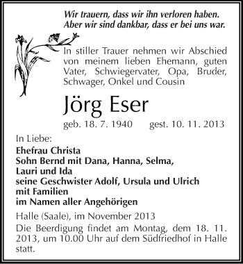 Traueranzeige von Jörg Eser von Mitteldeutsche Zeitung Halle/Saalkreis