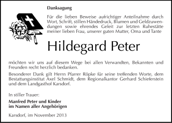 Traueranzeige von Hildegard Peter von Mitteldeutsche Zeitung Naumburg/Nebra
