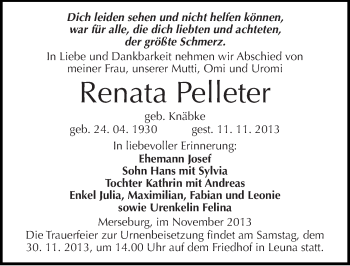 Traueranzeige von Renata Pelleter von Mitteldeutsche Zeitung Merseburg/Querfurt
