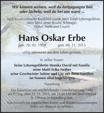 Traueranzeige von Hans Oskar Erbe von Mitteldeutsche Zeitung Naumburg/Nebra