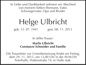 Traueranzeige von Helge Ulbricht von Mitteldeutsche Zeitung Halle/Saalkreis