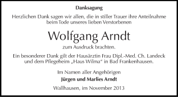 Traueranzeige von Wolfgang Arndt von Mitteldeutsche Zeitung Sangerhausen