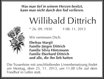 Traueranzeige von Willibald Dittrich von Mitteldeutsche Zeitung Halle/Saalkreis