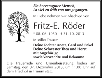 Traueranzeige von Fritz-E. Röder von Mitteldeutsche Zeitung Köthen