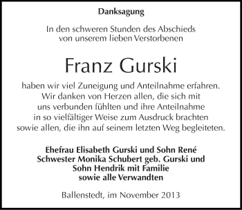 Traueranzeige von Franz Gurski von Mitteldeutsche Zeitung Quedlinburg