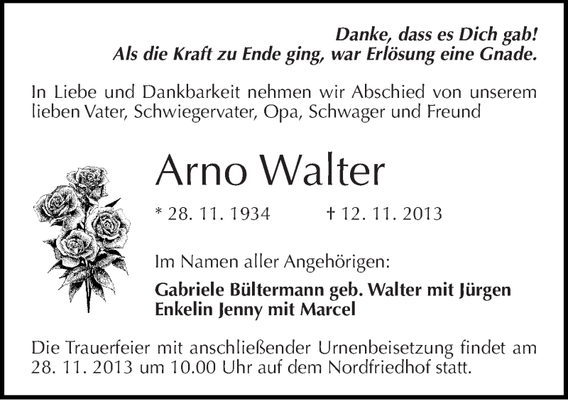  Traueranzeige für Arno Walter vom 23.11.2013 aus Mitteldeutsche Zeitung Halle/Saalkreis